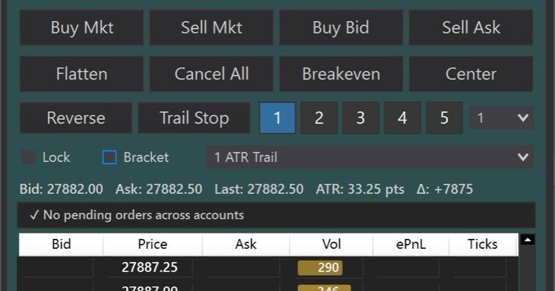 CustomDOM order-entry toolbar, bracket presets, and price ladder
