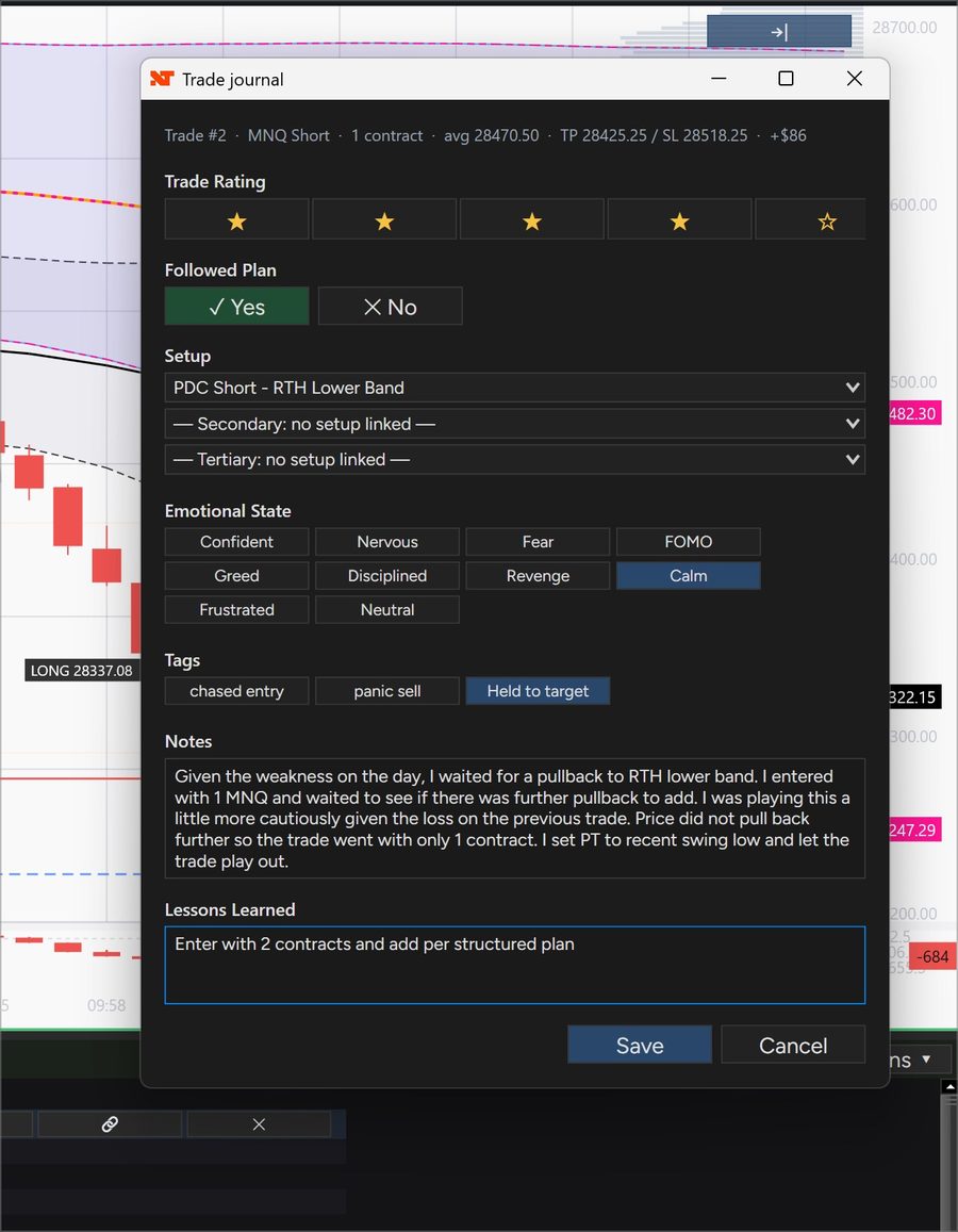 CustomChart trade journal form showing trade rating, followed-plan toggle, Playbook setup selectors, emotional state, tags, notes and lessons learned