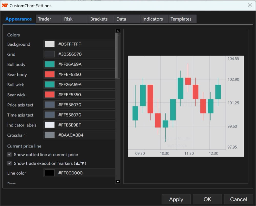 Appearance settings tab with full color customization for candles, grid, axes, and crosshair, plus a live candle preview