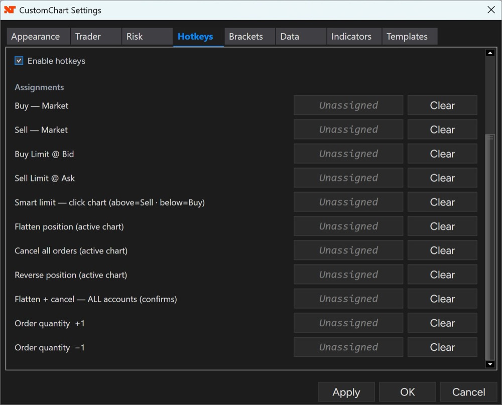 Hotkeys settings tab with customizable keyboard shortcuts for order entry, smart limit, flatten, cancel, reverse, and order quantity