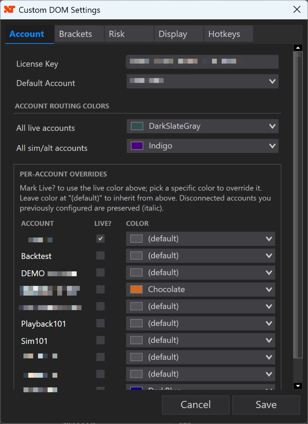 Account settings tab with per-account color routing and live/sim defaults
