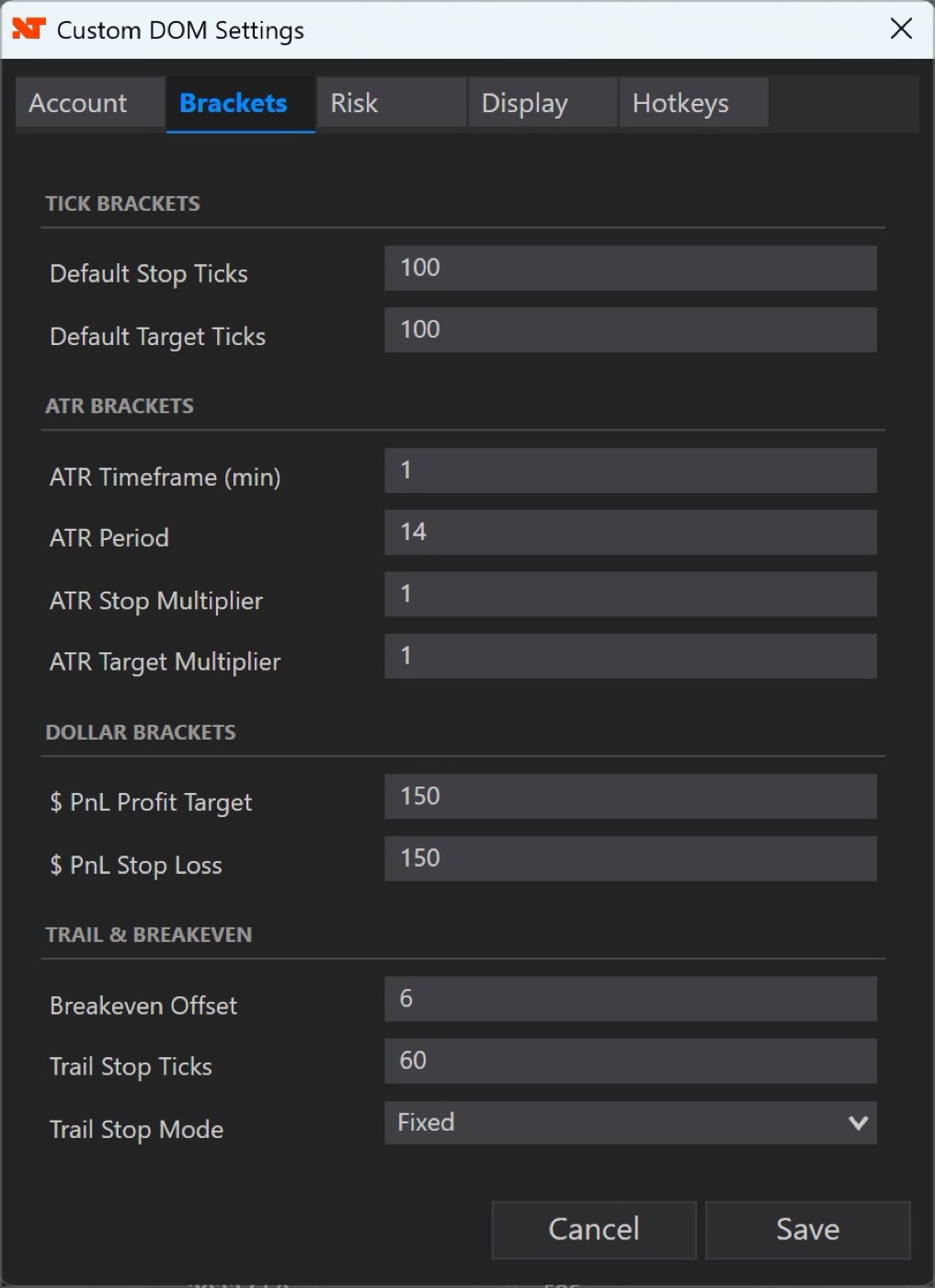 Bracket settings tab with ATR, dollar PnL and trailing presets