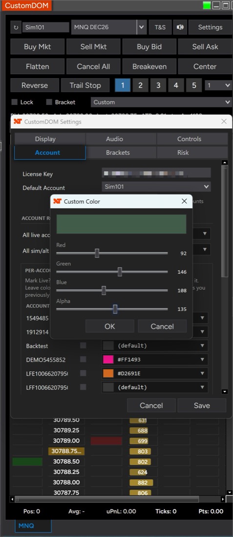 The CustomDOM Custom Color dialog with Red, Green, Blue and Alpha sliders and their numeric values, over the Account tab's per-account routing color overrides