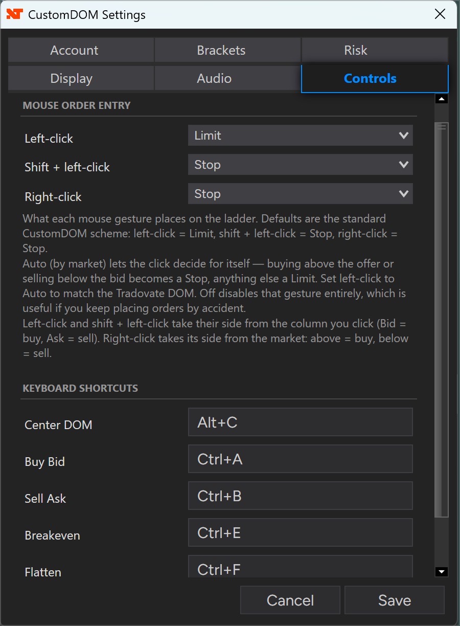 Controls settings tab: dropdowns setting what left-click, shift + left-click and right-click each place on the ladder, above the configurable keyboard shortcuts