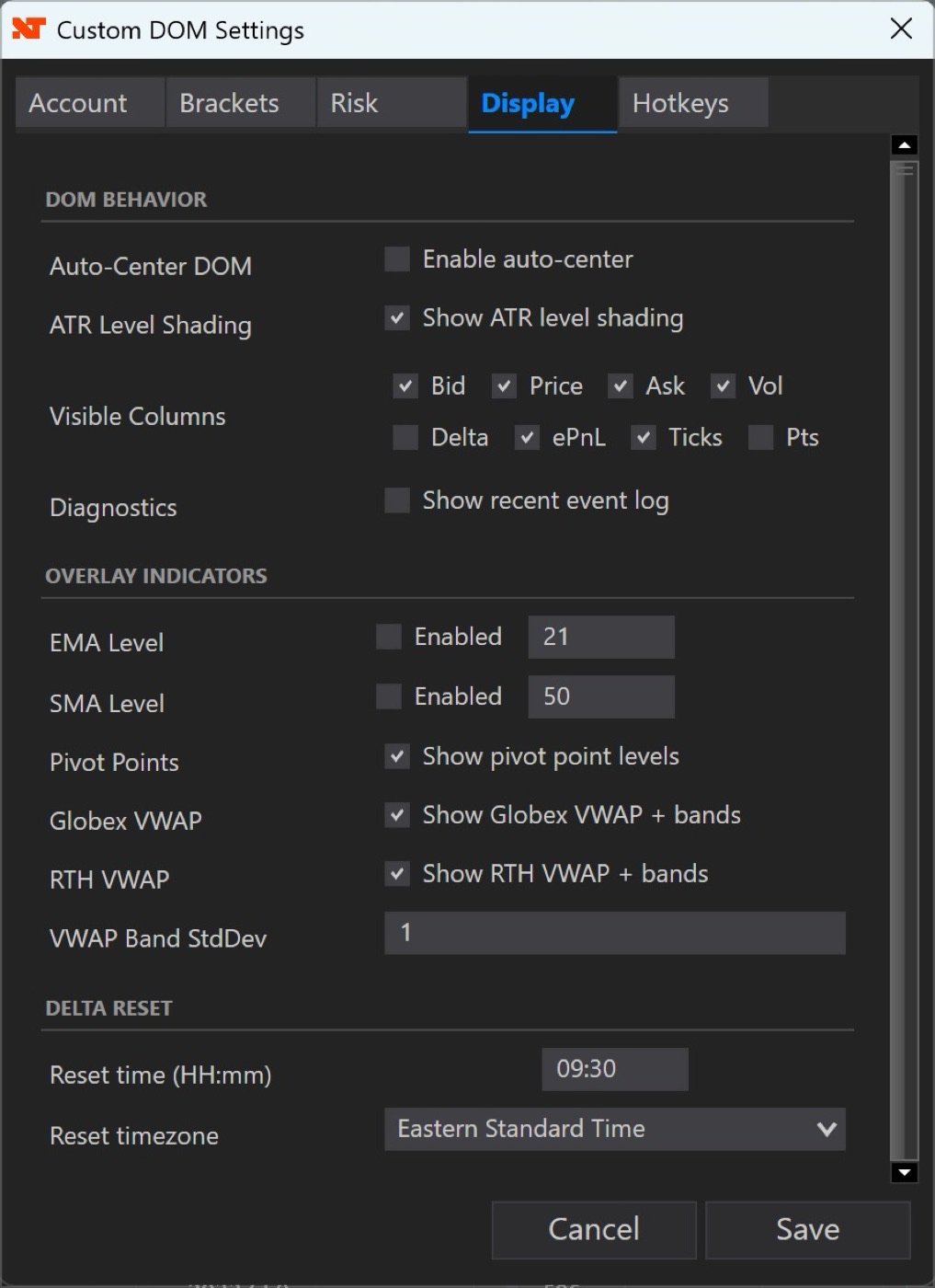 Display settings tab for column visibility, indicators, and DOM appearance