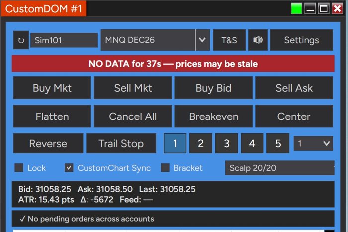 The top of a CustomDOM window with a red strip reading NO DATA for 37s — prices may be stale, and the status panel showing Feed: —