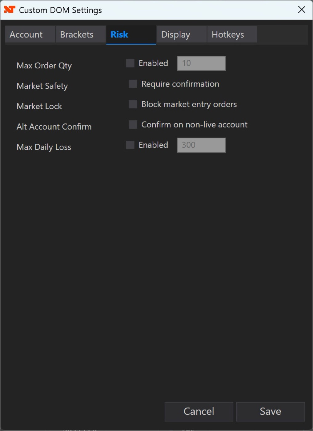 Risk settings tab with max order quantity and daily loss caps